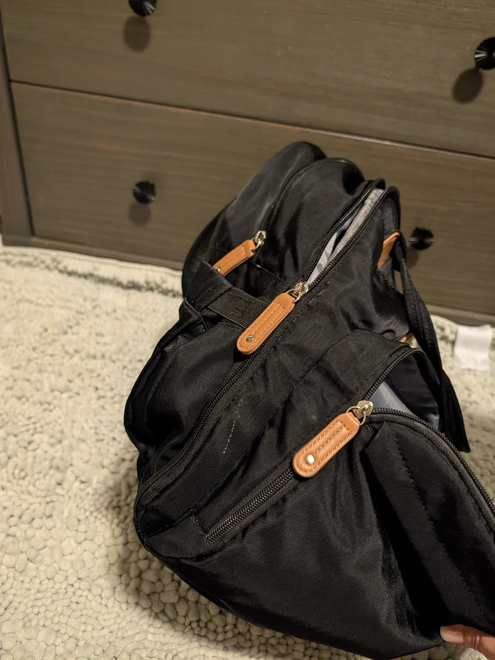 Baby Bag Black Nylon Backpack with Tan Accents
